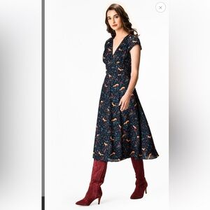 ESHAKTI 🦊 Fox 🦊 Floral Print BANDED EMPIRE MIDI DRESS smocked shoulders SIZE 14